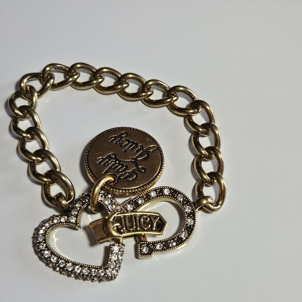 JUICY COUTURE "LADY LUCK" BRACELET -LADY JUICY GOLD TONE CRYSTALS  CHARM 7.5"
